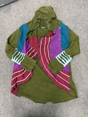 Women’s Olive Green Hooded Cardigan with Colorful Panel Accents